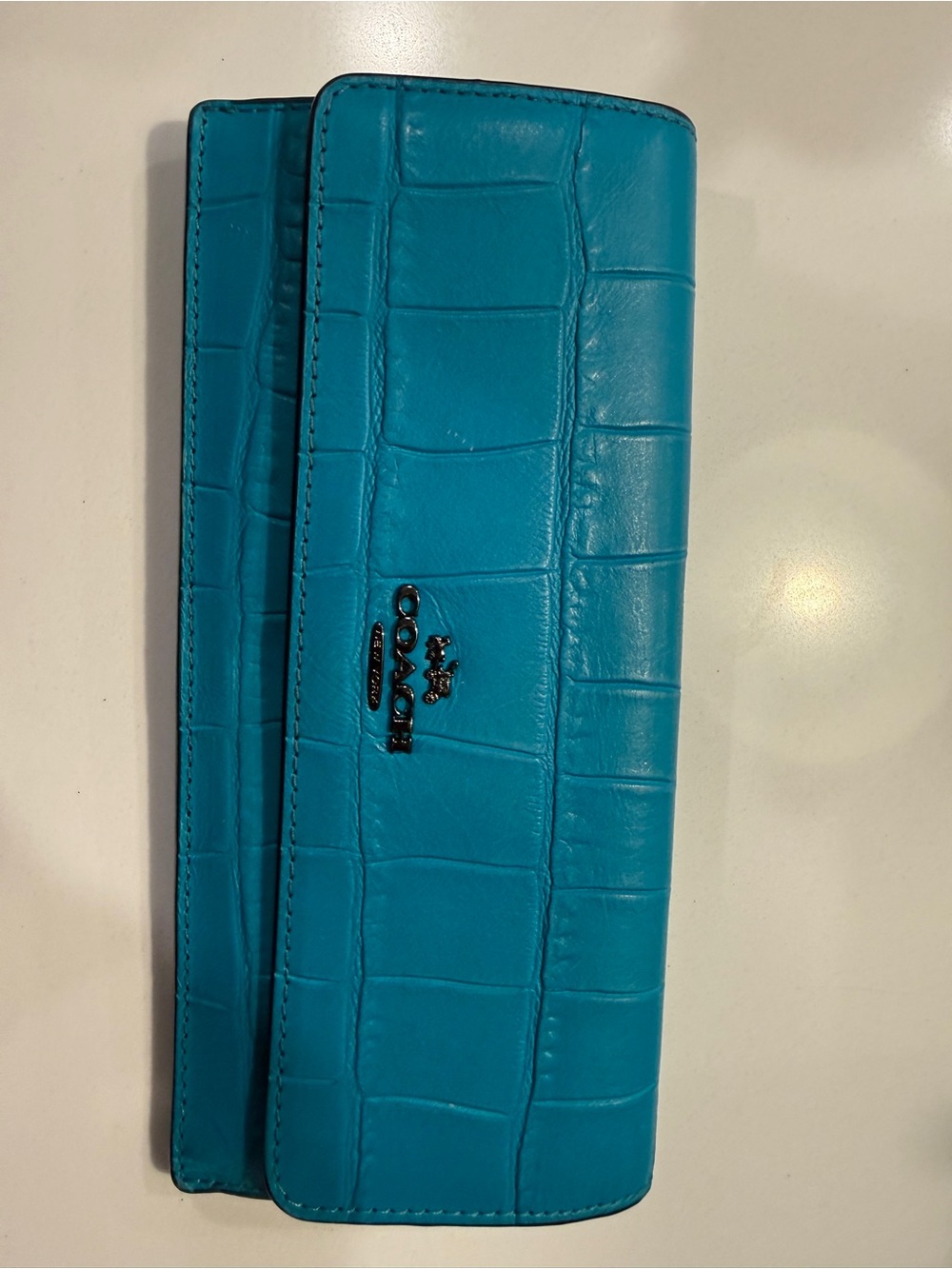 Coach Turquoise Croc Embossed Leather Slim Envelope Wallet